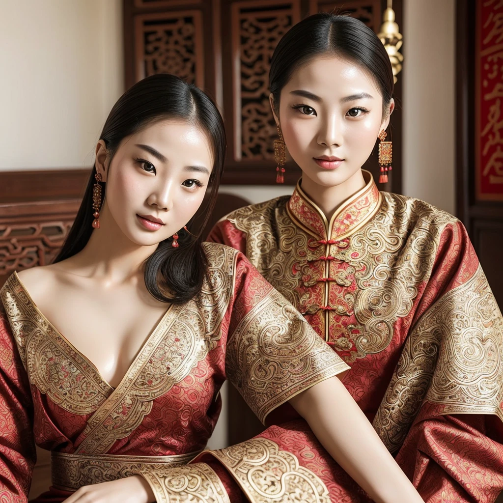 Stunning single woman on Instagram, sexy Chinese woman sexy sitting poses, her radiant beauty captivates the viewer. She wears traditional, ornate Chinese clothing whose intricate patterns and textures highlight her cultural heritage. Her piercing eyes shine with independence. photorealistic, only one woman in the photo, random facial appearance, wet body, young face , pale white skin