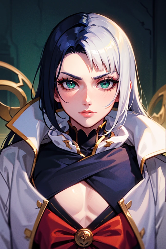 A man with dark blue hair, green eyes, white eyelashes, white eyelashes, her eyelashes are white, very attractive in the style of the Castlevania anime, He carries a sword and is in a palace, He is 26 years old. Is a man. torso up image