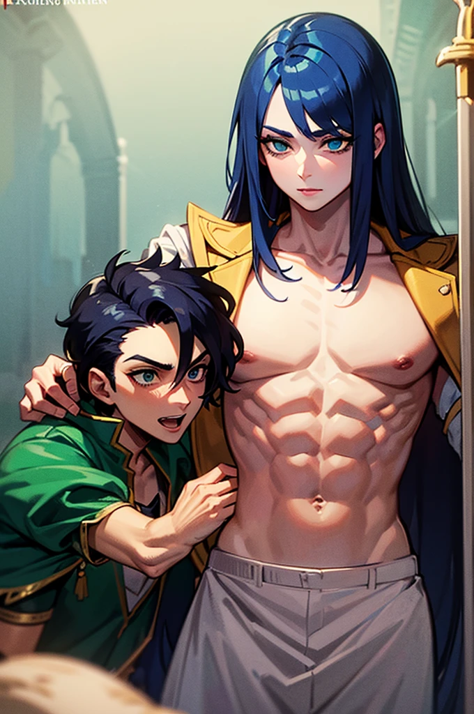 A man with dark blue hair, green eyes, white eyelashes, white eyelashes, her eyelashes are white, very attractive in the style of the Castlevania anime, He carries a sword and is in a palace, He is 26 years old. Is a man. torso up image 