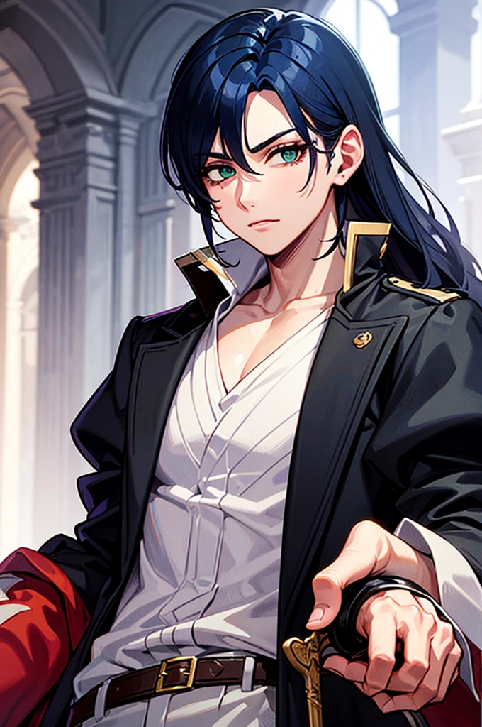 A man with dark blue hair, green eyes, white eyelashes, white eyelashes, her eyelashes are white, very attractive in the style of the Castlevania anime, He carries a sword and is in a palace, He is 26 years old. Is a man. torso up image