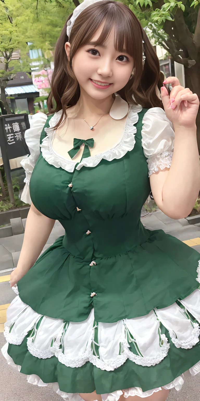 (Realistic:1.3), finely, quality, Rembrandt Lighting, (Tabletop:1.2), (Realistic:1.2), (最高quality), (Fine skin:1.3), (Complex詳細), dramatic, Ray Tracing, 1 Girl, Japanese Girls, 32 years old、Big eyes、((Deep double eyelids:1.25)), Cute duck lips, smile, Twin tail hair, Twin Loop Hair, Parted bangs, 42 years old, Very large and ample breasts, jirai fashion, Gothic ta fashion with a green theme、Short dress, Frills, Race, ribbon, Complex, (Tokyo Street, Harajuku, May, sunny day), Browsing Caution, (height: 148cm), ((((Very accurate and correct anatomy)))), Raw quality