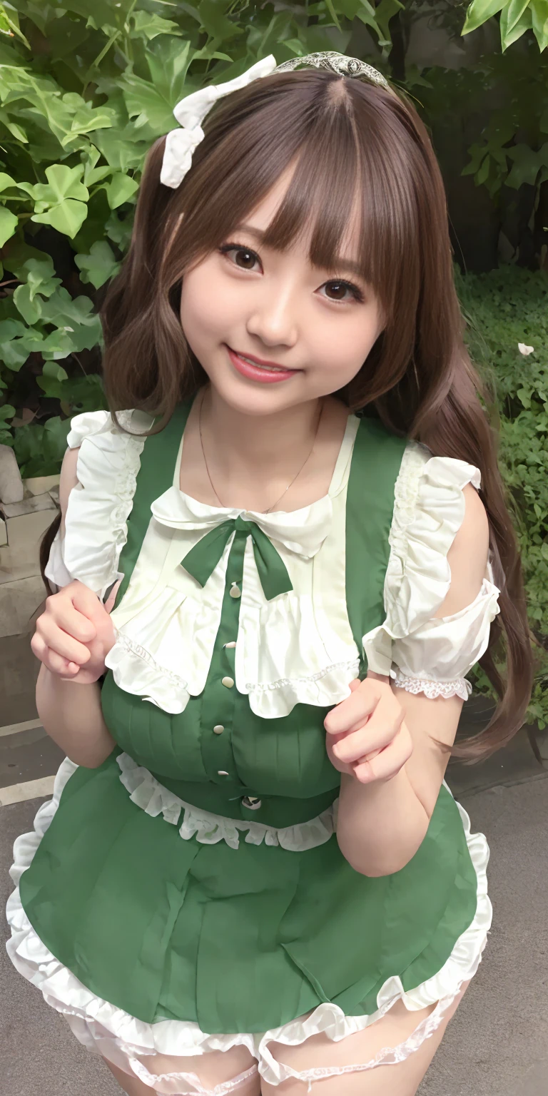 (Realistic:1.3), finely, quality, Rembrandt Lighting, (Tabletop:1.2), (Realistic:1.2), (最高quality), (Fine skin:1.3), (Complex詳細), dramatic, Ray Tracing, 1 Girl, Japanese Girls, 32 years old、Big eyes、((Deep double eyelids:1.25)), Cute duck lips, smile, Twin tail hair, Twin Loop Hair, Parted bangs, 42 years old, Very large and ample breasts, jirai fashion, Gothic Lolita fashion with a green theme、Short dress, Frills, Race, ribbon, Complex, (Tokyo Street, Harajuku, May, sunny day), Browsing Caution, (height: 148cm), ((((Very accurate and correct anatomy)))), Raw quality