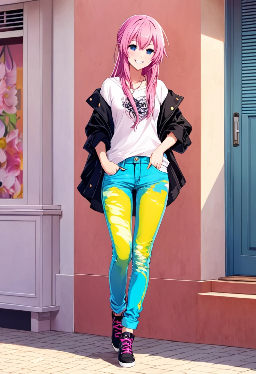 Megurine Luka casual clothes, colorful jeans, morning smile