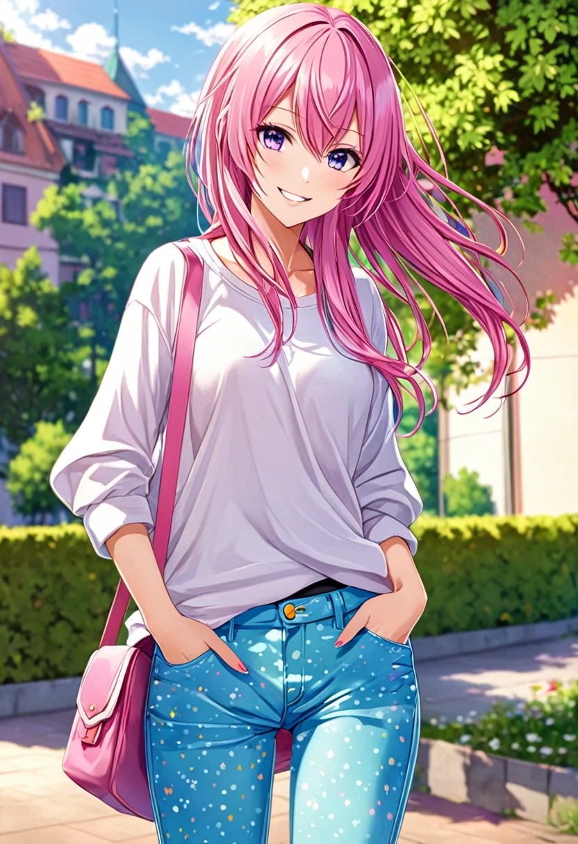 Megurine Luka casual clothes, colorful jeans, morning smile