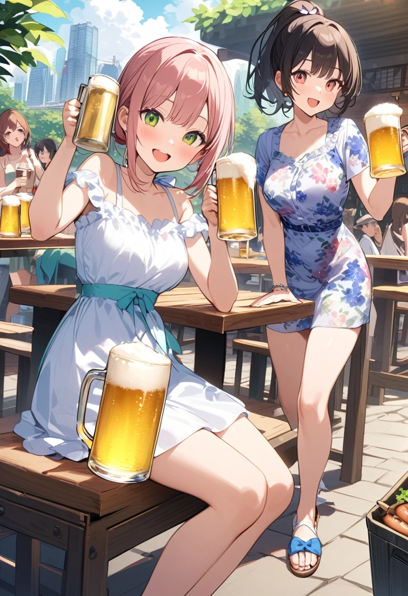 Highest quality、High resolution、Detailed Background、Beautiful face in every detail、Beautiful girl in her 20s、Highly detailed face、Cute hair colour、ponytail、Bobcut、Perfect body line、
(Two women having a good time with friends in a beer garden with beautiful views of Tokyo Bay:1.5)、drinking beer、
Going to a beer garden with friends and family can make for a more enjoyable atmosphere.、
You can enjoy delicious food along with your beer.、
sausage、potato、Pizza etc.、Choose a dish that goes well with beer、
A light summer dress is recommended.、Enhance your femininity with floral prints and one-piece dresses、For your feet, it is a good idea to choose cool, comfortable shoes such as sandals or espadrilles.、very beautiful