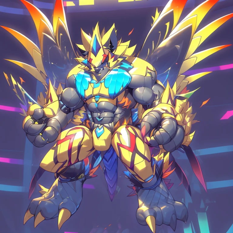 (ZERAORA, 8K), (Zeraora's giant robot, Powered exoskeleton with the same design as Zeraora), (Masterpiece, highres) (Detailed head, Detailed Body, Detailed abs, full body) (gigantic muscles, Gigachad Muscular, big muscle, pecs, triceps, traps, unusually developed muscular body, body full of huge muscles. showing off muscles, pectorales enormes, Exaggeratedly huge muscles.) (nj5furry, The claws are sharp, Sharp teeth, sharp claws), (long legs), (Spread wings, It has wings, have big wings, golden wings), (Wrestling, wrestler, the bodybuilding), (It has wings, whole body shines like metal, Wearing cyberpunk mecha, emphasizes the muscles, suit fully made of metal, intricate armor, Robotic suit, suit fully made of metal, cyborg), (black color hyper penis, hyper black penis), menacing pose, 