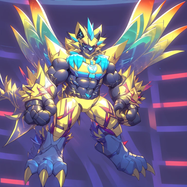 (ZERAORA, 8K), (Zeraora's giant robot, Powered exoskeleton with the same design as Zeraora), (Masterpiece, highres) (Detailed head, Detailed Body, Detailed abs, full body) (gigantic muscles, Gigachad Muscular, big muscle, pecs, triceps, traps, unusually developed muscular body, body full of huge muscles. showing off muscles, pectorales enormes, Exaggeratedly huge muscles.) (nj5furry, The claws are sharp, Sharp teeth, sharp claws), (long legs), (Spread wings, It has wings, have big wings, golden wings), (Wrestling, wrestler, the bodybuilding), (It has wings, whole body shines like metal, Wearing cyberpunk mecha, emphasizes the muscles, suit fully made of metal, intricate armor, Robotic suit, suit fully made of metal, cyborg), (black color hyper penis, hyper black penis), menacing pose, 