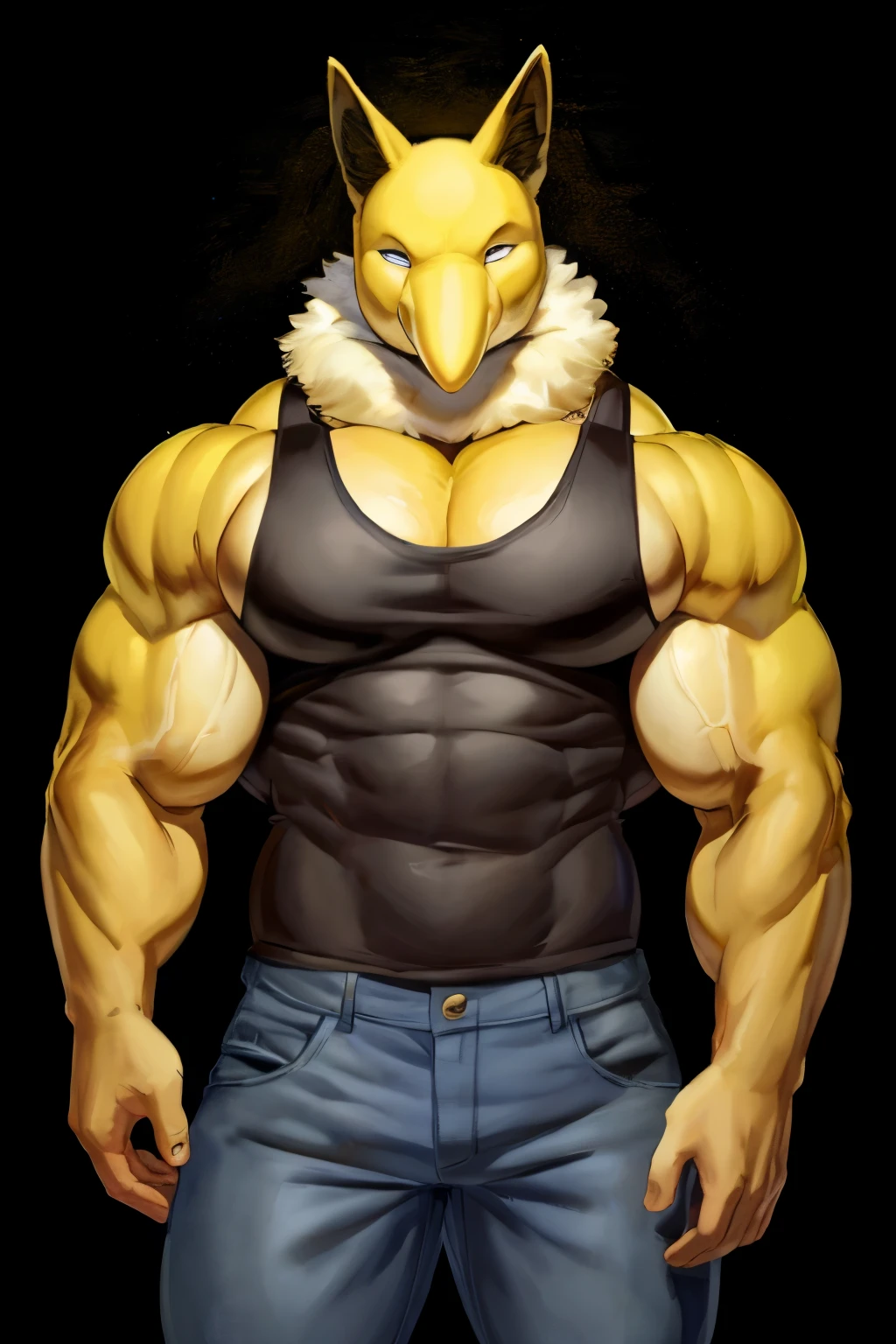 Furry, Anthro, solo, Hypno, Male, (((muscular body, massive thighs, massive male pectorals, fluffy neck))), ((((massive biceps, wide-eyed, looking at viewer, hand on face)))), ((((((massive bulky torso)))))), (((wearing jeans, wearing grey tanktop))), black/yellow spraypainted background, by buta99, by meesh, (((digital painting)))