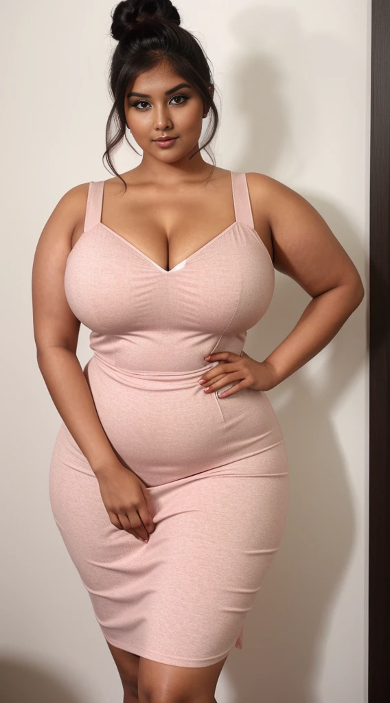 Indian beautiful girl sexy curvy plus size model wearing modern diferrent color night dress front facing to camera in standing position, curvy plus size figure,big m-cup breasts, side bun hairstyle, bright eyes, thin eyebrows, fair skin, blushing cheeks, prefect curvy body, head to thigh view