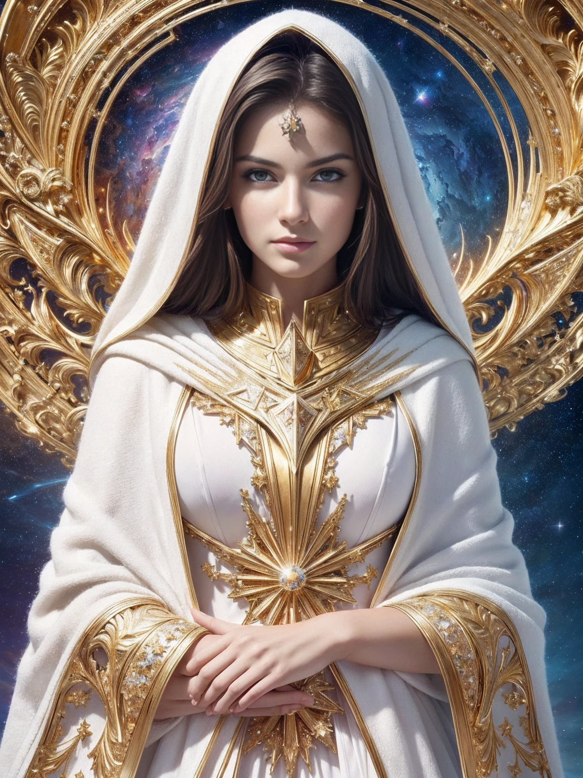(Masterpiece, Top Quality, Best Quality, Official Art, Beauty and Aesthetics: 1.2), (1 ultra hot gorgeous European woman, age 23), Extreme Detail, (Fractal Art: 1.3), Colorful, Supreme Detail, Perfect Face, Upper Body, HDR, Prayer, (White Cloak Golden Lines: 1.2), Starry Sky, Shooting Star, Light Stripes, Surrealism.