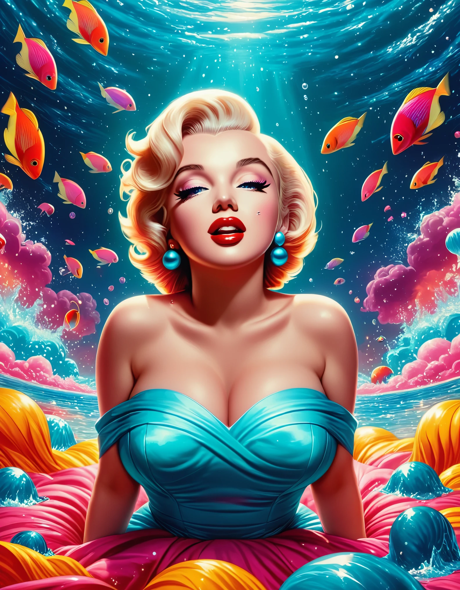 A surrealist photo of Marilyn Monroe, with dreamlike elements and imaginative, otherworldly details. Hyper-realistic, vibrant colors, 16k