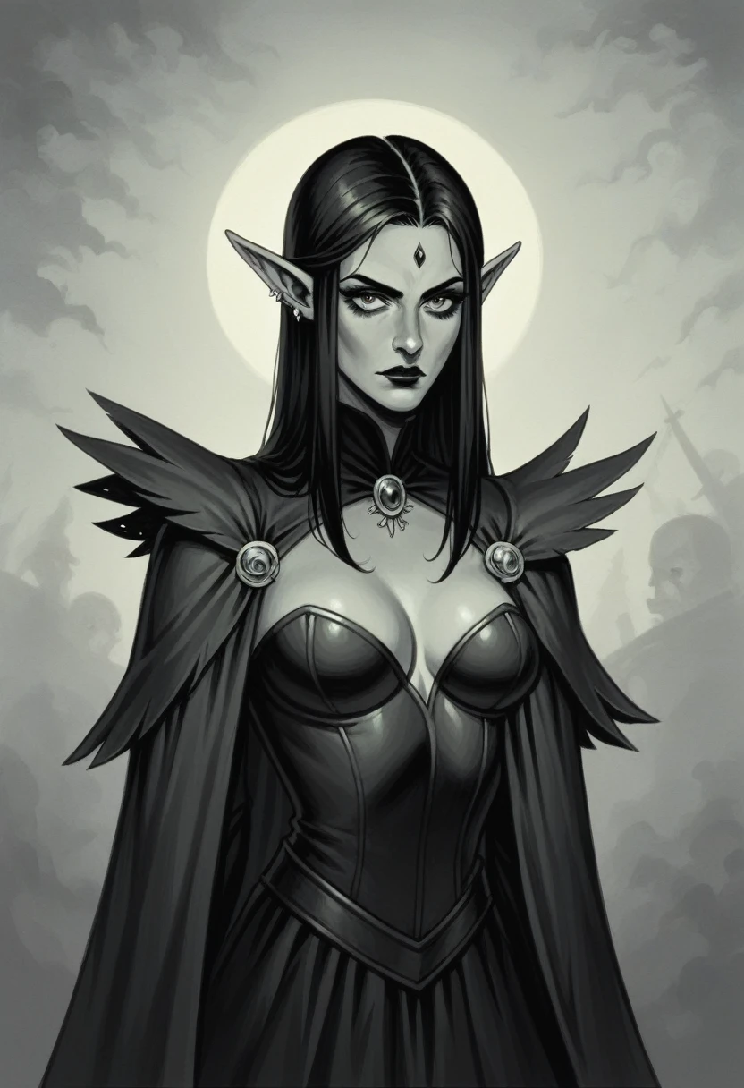 1970s retro fantasy, vintage magic realism, dark gothic fantasy, ethereal beauty with enchanting faces, epic battle scene: fierce orcs clashing with a mesmerizingly alluring elf sorceress woman, swirling magical energies, evocative Frank Frazetta style, detailed textures, dynamic composition, rich with lore and mystique, dramatic lighting casting eerie shadows.