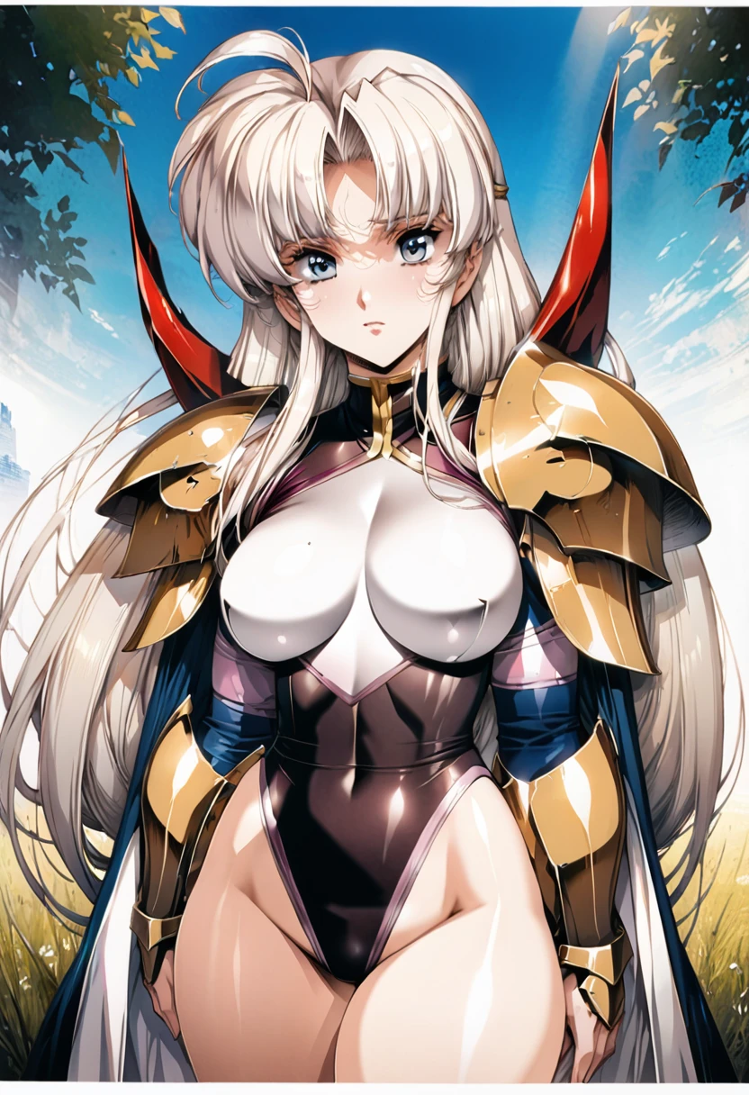 ((highest quality)), ((masterpiece)), ((hyperrealistic)), (detailed background), anime style, solo, 1girl, ((langrisser)), ((curvy: 1.2)), kawaii, ((Lamé rash guard leotard)), ((knight dress)), white long hair, ahoge, forehead, parted bangs, (long coat), ((large breasts)), ((breastplate)), (zettai ryouiki black knee socks), ((gauntlet)), (big butt), (thighs), (groin), beautiful eyes, perfect face, Perfect hands, perfect fingers, Blue sky and grassland,