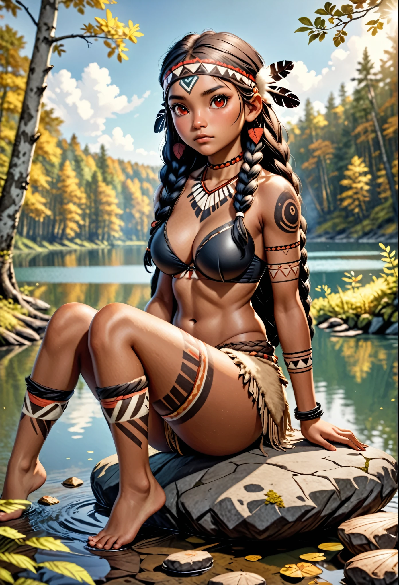 (indigenous girl:1.8), (fur and leather loincloth and bra:1.4), blonde long curly hair with individual braids, (dark skin and athletic body:1.2), primitive tattoos over her body, red eyes, (sitting on a stone in the forest with a lake:1.3), detailed skin texture, 24k resolution, highly detailed, (natural front light:0.8), (toon style:0.5), masterpiece, (full body view:1.0), (sunlight:1.5)