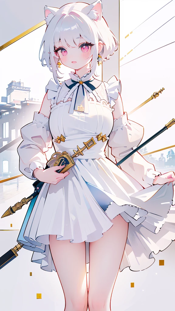 Tsundere 18 year old girl, Beautiful and delicate eyes, beautiful lips, Eyes and faces rich in detail, long eyelashes, 1girl, white cat ears, leg long bag, face, Red-eye, (top quality, 4K, 8K, high resolution, masterpiece:1.2), Ultra-detailed, (realistic, realistic, realistic, realistic, realistic: 1.37), very large breasts, Scythe, elegant, fantasy, soft lighting, white background, holding a weapon,Death's Scythe, show your armpits,red eyes, Dolphin shorts