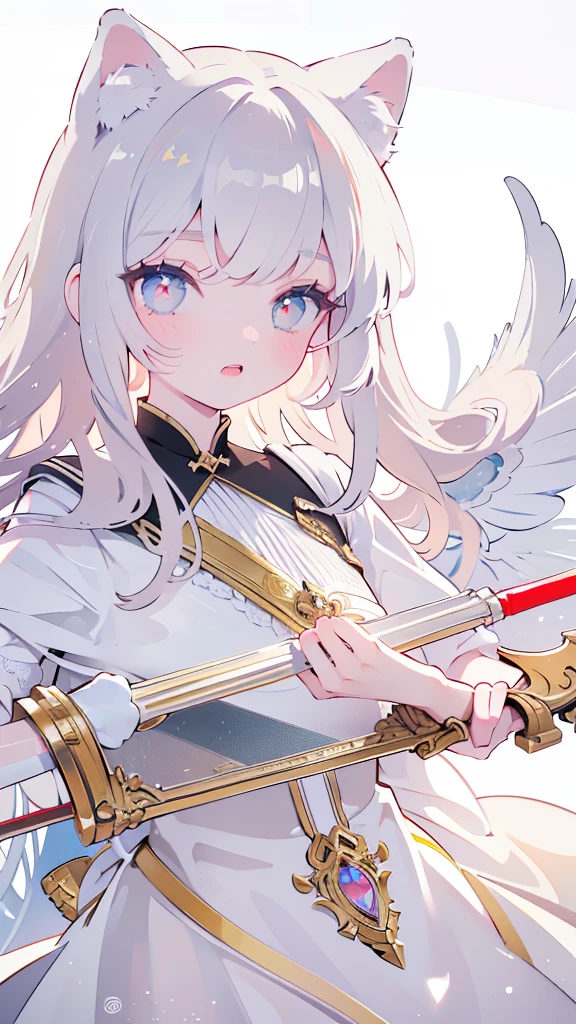 Tsundere 18 year old girl, beautiful and delicate eyes, beautiful lips, Highly detailed eyes and face, long eyelashes, 1 girl, white cat ears, long foot bag, Front view, red eyes, (top quality, 4K, 8K, high resolution, masterpiece:1.2), ultra detail, (realistic, realistic, realistic, realistic: 1.37), big bust, knife, elegance, fantasy, soft lighting, white background, holding a weapon, Maid clothes, I can see my armpits,