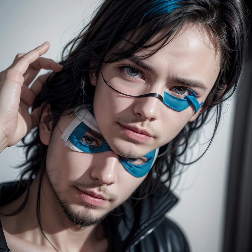 1 white man, ((Eye patch)), sideways smile, Red eye, hair divided in the middle, ((black hair with blue shine)), base Dart Dragunov, anime radiant, white undershirt, (long hair), (Eye patch preto), (thin chin), ((chin beard), ((realistic model)), (red iris)