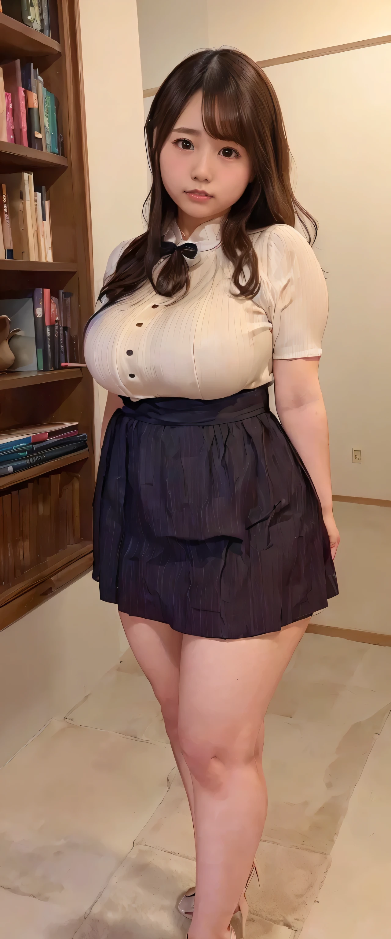 high quality,8K,high resolution,japanese woman,1 personality,tall,thick plump thighs,realistic texture,Muchimuchi,(tights),Saggy big,cute smile,mini skirt,side,large drooping udder,zoomout,(Valley 1.6),thin waist,muscular body,,,,,