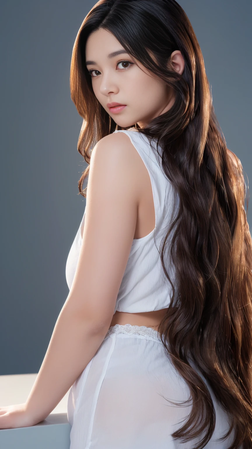 ((((Super long hair、とてもLong Hair、Wavy Hair、Look forward)))))))、Tabletop, Highest quality, Photorealistic, In detail, High resolution, 8k wallpaper, Perfect dynamic composition, Beautiful attention to detail, Long Hair, Big ample breasts、24-years-old、(Droopy Eyes 1.4)、Adult Beauty、Japanese、Big Breasts