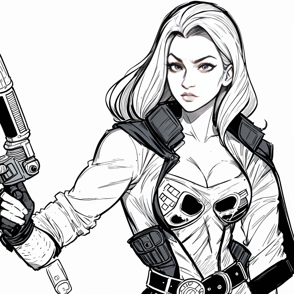 Coloring book for adults. Only black and white. low detail only main line. a woman with guns in her hand and a punisher skull on her chest, punisher, badass look, 90s comic book character design, inspired by Lisa Nankivil, comic book art style, inked digital black and white, inspired by José Comas Quesada, white background. white colors. full body view of brunette woman. (Ultra detailed:1.3) ((((best quality))) ,