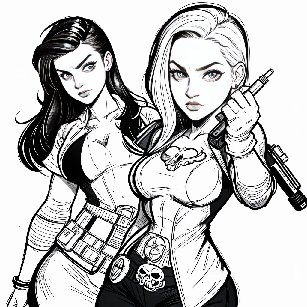 Coloring book for adults. Only black and white. low detail only main line. a woman with guns in her hand and a punisher skull on her chest, punisher, badass look, 90s comic book character design, inspired by Lisa Nankivil, comic book art style, inked digital black and white, inspired by José Comas Quesada, white background. white colors. full body view of brunette woman. (Ultra detailed:1.3) ((((best quality))) ,