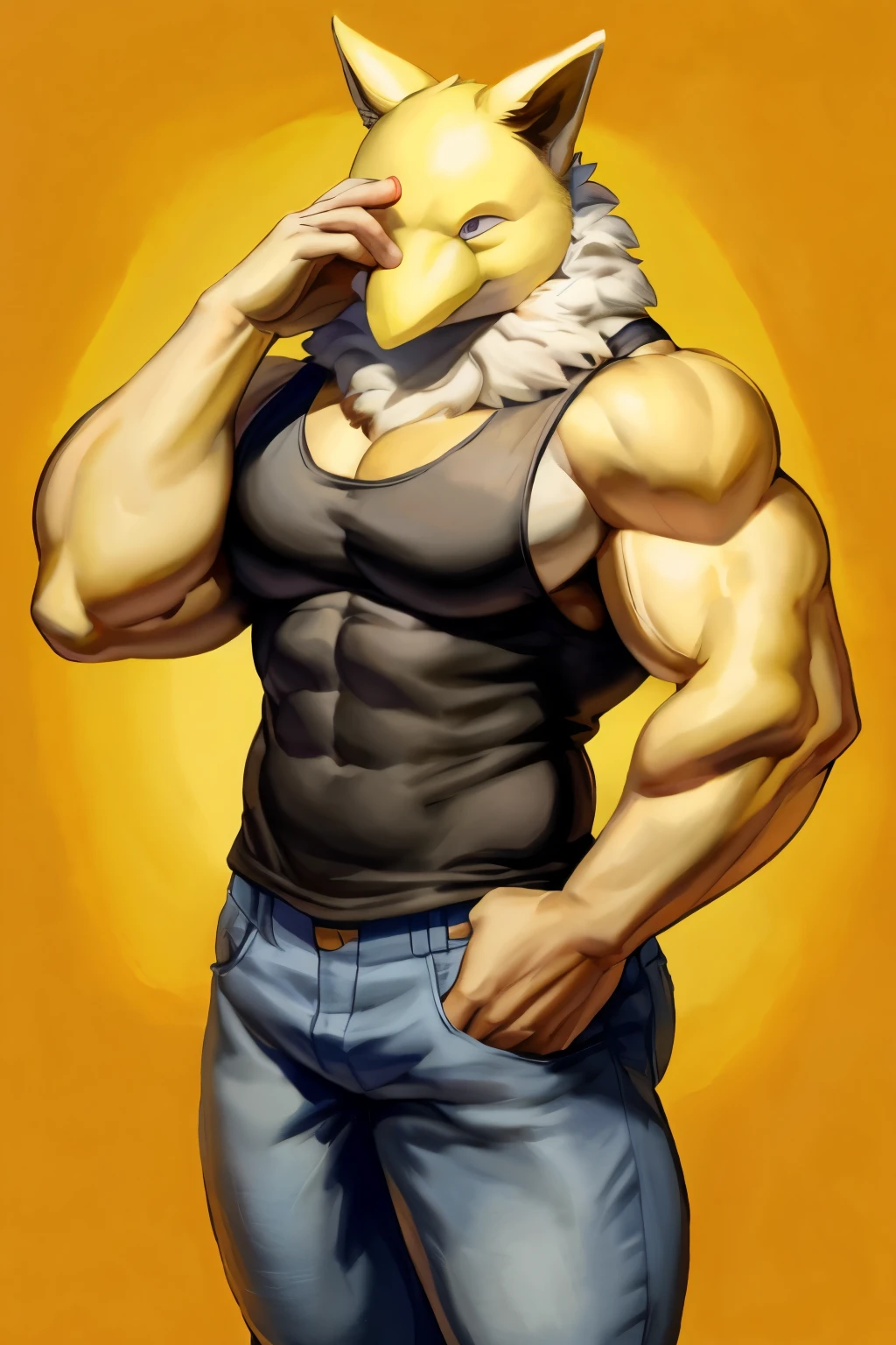 Furry, Anthro, solo, Hypno, Male, (((muscular body, massive thighs, massive male pectorals, fluffy neck))), ((((massive biceps, wide-eyed, looking at viewer, hand on face)))), ((((((massive bulky torso)))))), (((wearing jeans, wearing grey tanktop))), black/yellow spraypainted background, by buta99, by meesh, (((digital painting)))