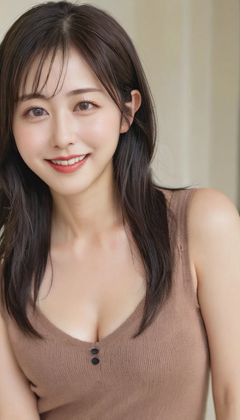 (8K, highest quality, masterpiece: 1.2), (realistic, photorealistic: 1.37), super detail, natural light, small breasts, cleavage visible, 1 person, 40-year-old woman, black hair, during, knitted V-neck Shirt, highly detailed face and skin, detailed eyes, highly detailed face and skin、smile、Simple Background、Long Hair、