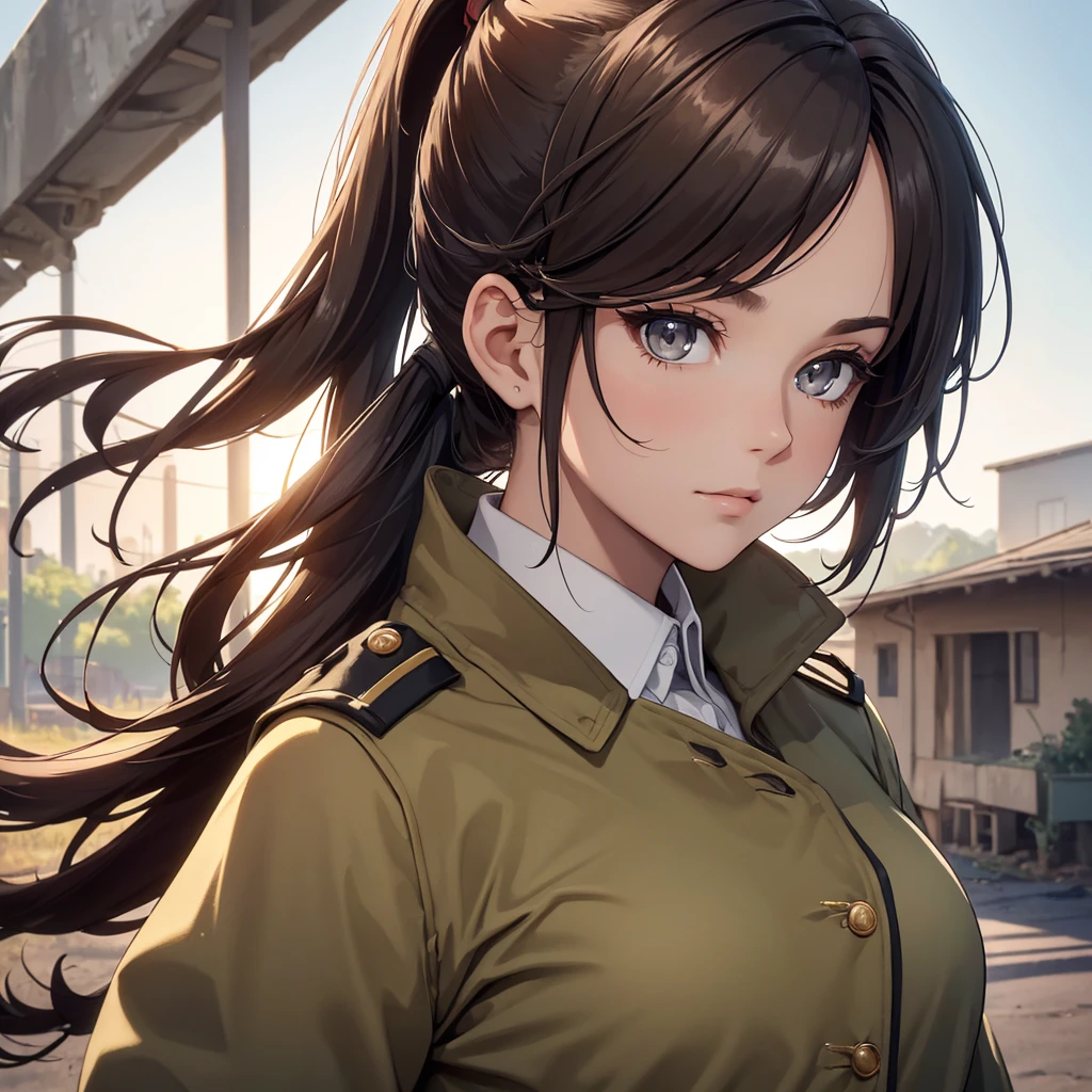 (8K, Best Quality, Masterpiece, Ultra High Resolution) 1Woman, Beautiful Eyes, Face Details, Dark Hair, Hair Ponytail, Hazel Eyes, Pale Skin, Tan Colored Military Uniform, Tan Jacket, White Fitted Shirt, Outside, Military Camp, Countryside, Best Quality, Upper Body, Looking at the Viewer, Facing Viewer, Close Up