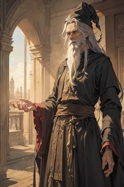 Cantankerous old wizard, skinny, lanky, long ruffled whispy hair