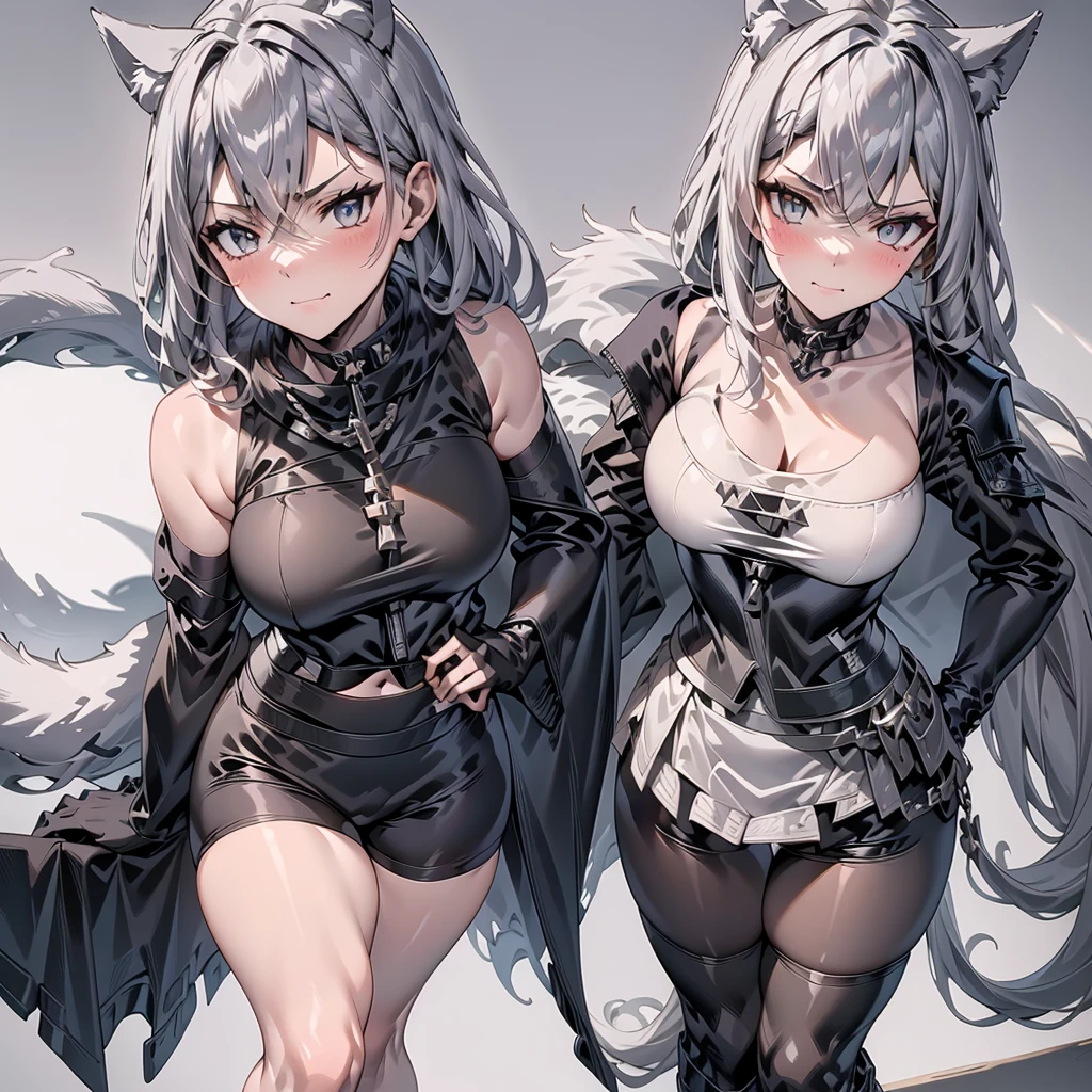 Masterpiece, full body portrait, slit pupils, only one girl, frontal angle, looking at viewer, ultra-detailed face, really talll girl, elegant and correct body proportions, perfect figure, fit body type, silver hair, symetric face, tall beautiful werewolf woman, black crop jacket, long biker shorts with chain decorations, white pale skin, smooth skin, especially detailed face, masterpiece, ultra detailed, best quality, highlydetailed face, ultra-detailed face, athletic body, pale white skin, big breasts, long hair, gray-silver hair, a young woman, wolf ears, long wolf tail, fluffy wolf tail, bright amber eyes, wolf-like irises, beautiful, enchanting, bright yellow eyes, detailed eyes, ultra-detailed eyes, accurate eyes, detailed irises, correct body proportions, elegant, small vertical scar under right eye, small rosy lips, closed mouth, cute canines, wolf fangs, pretty hands, detailed hands, slight blush, shy smile, black metal armor, black top, long black bike shorts, detached sleeves, two piece armor, metal chest armor, long black shorts with chains, armored bike long shorts, silver armored jacket, silver metallic ornaments, toned abs, exposed belly, standing straight pose, angry blushed expression, long biker boots, hands on hips pose, straight standing pose