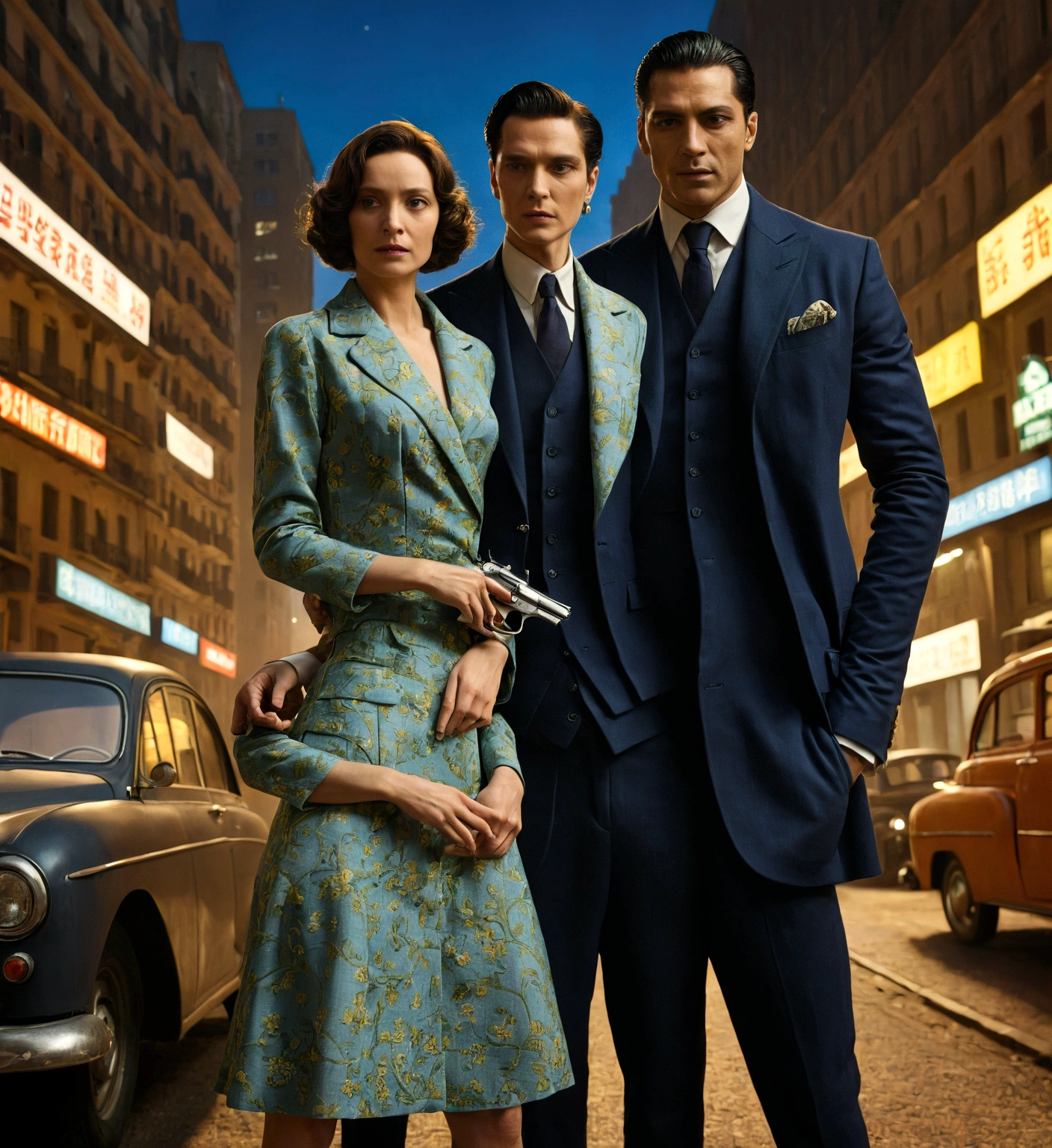 The cover features a nighttime urban scene, a dark street in a big city with shadows from skyscrapers and neon lights in the background, evoking an environment of mystery and danger. Em primeiro plano, a protagonist couple stands out: The man, dressed in a dark suit and casually with a coat over the shoulder, exudes confidence and authority. The woman next to you is elegantly dressed, with a dress that combines sophistication and determination, perhaps discreetly holding a gun.

The couple&#39;s pose denotes closeness and tension, looking intensely at each other or out of the hood, suggesting a deep connection and an alliance against imminent challenges. Graphic elements complement the scene, as the title "Bound to the Mob" in bold and elegant letters, evoking a tone of mystery and danger. Subtle details of mafia symbols, how banknotes in the background and a vintage car add layers of context to the environment.

This visual composition not only captures the essence of a mob romance, but also attracts readers with a powerful and intriguing aesthetic."

I hope this description helps you create a visually impactful cover for your novel. "Bound to the Mob"