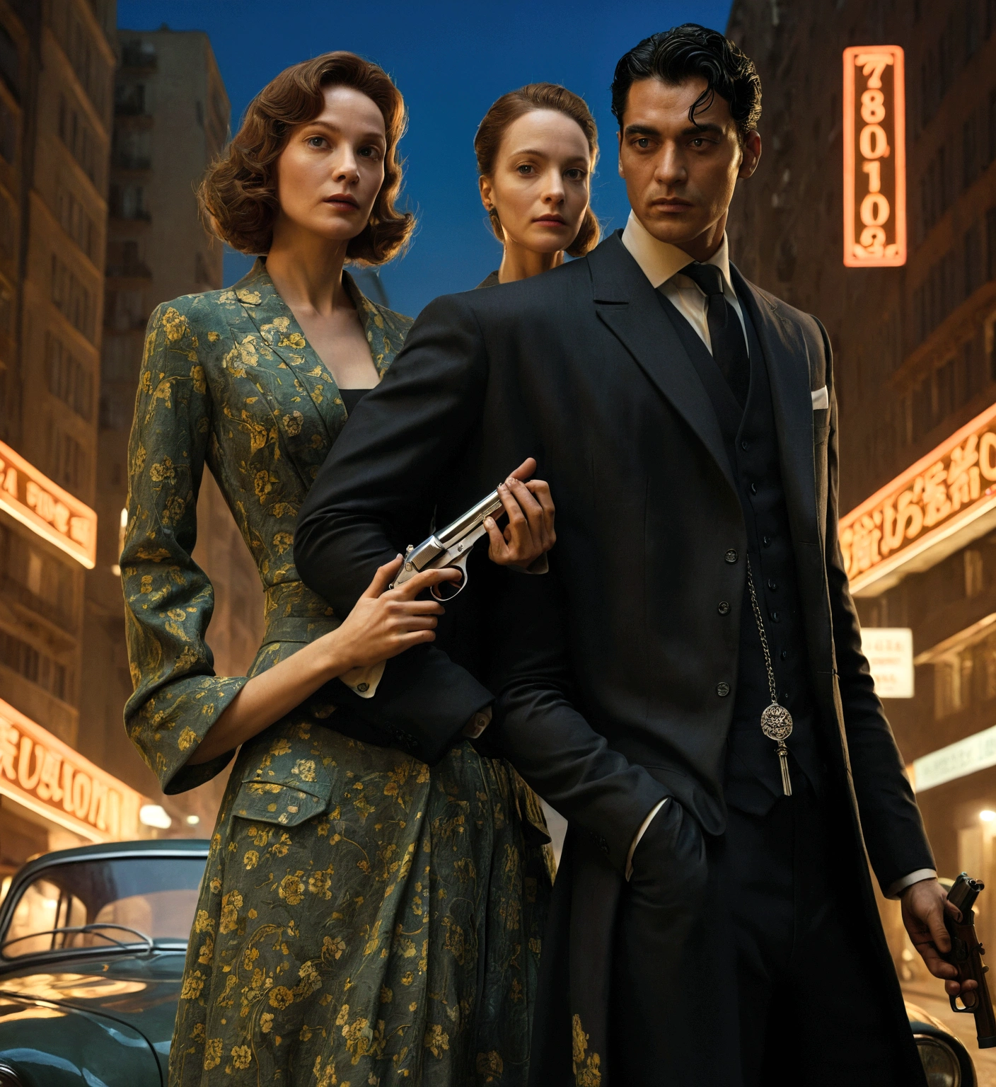 The cover features a nighttime urban scene, a dark street in a big city with shadows from skyscrapers and neon lights in the background, evoking an environment of mystery and danger. Em primeiro plano, a protagonist couple stands out: The man, dressed in a dark suit and casually with a coat over the shoulder, exudes confidence and authority. The woman next to you is elegantly dressed, with a dress that combines sophistication and determination, perhaps discreetly holding a gun.

The couple&#39;s pose denotes closeness and tension, looking intensely at each other or out of the hood, suggesting a deep connection and an alliance against imminent challenges. Graphic elements complement the scene, as the title "Bound to the Mob" in bold and elegant letters, evoking a tone of mystery and danger. Subtle details of mafia symbols, how banknotes in the background and a vintage car add layers of context to the environment.

This visual composition not only captures the essence of a mob romance, but also attracts readers with a powerful and intriguing aesthetic."

I hope this description helps you create a visually impactful cover for your novel. "Bound to the Mob"