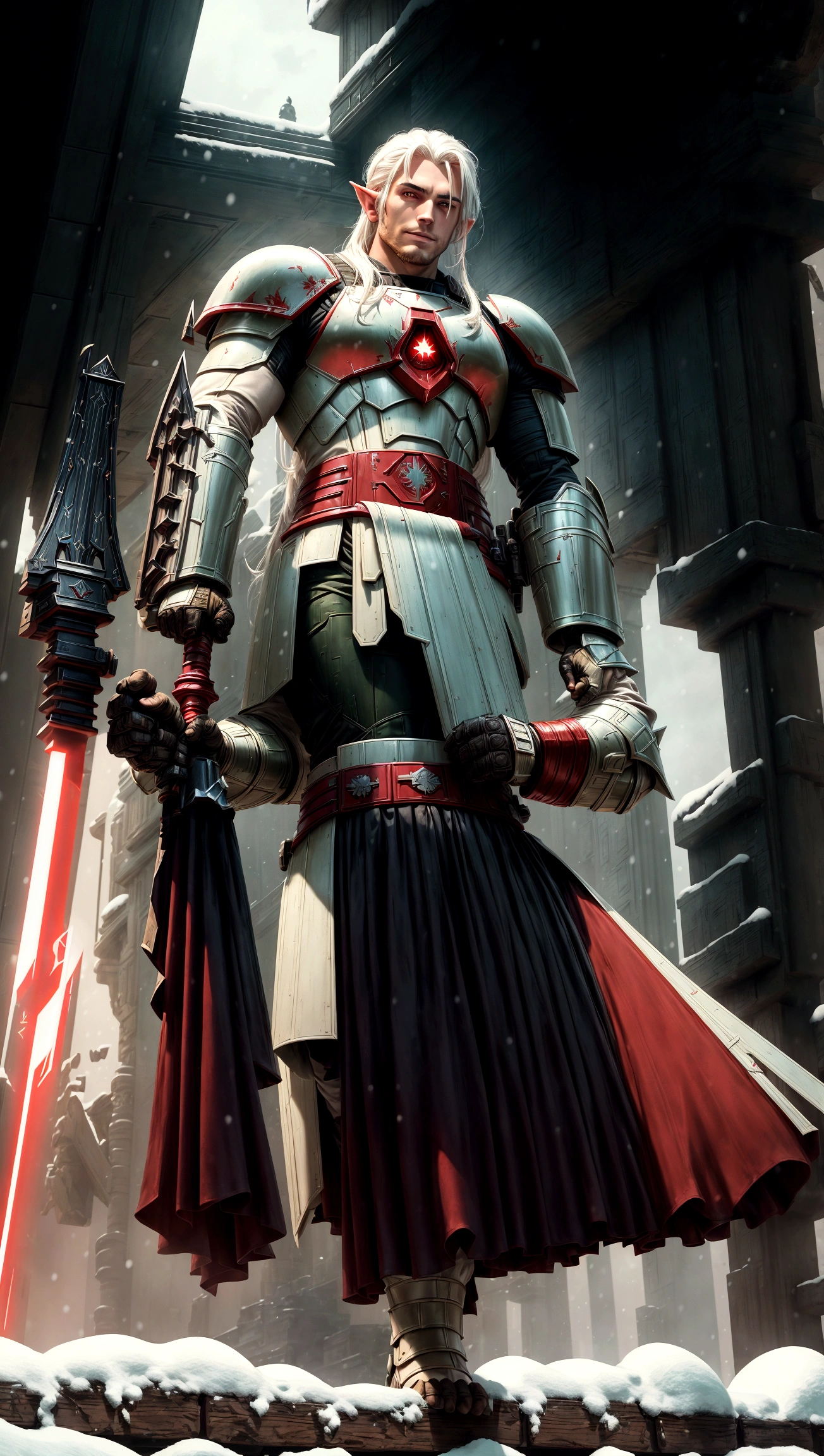 full body shot, star wars, 3d shading, tall brawny muscular, pale white skin, snow elf, subtle grin, long scarlet red tied back hair, thick eyebrows and stubble, red eyes, holding his twohanded claymore greatsword the large green plasma blade, black half plate armor with a Pauldron and dark brown leather accents, bright space station background