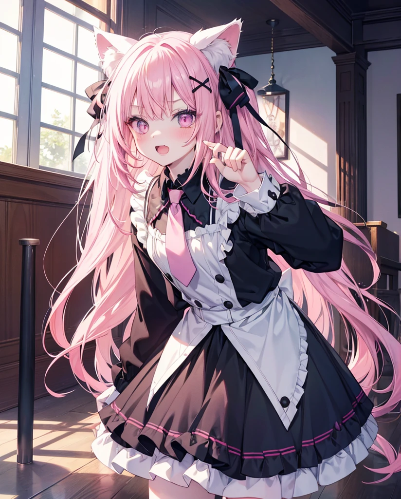 masutepiece, Highest Quality, (Perfect face:1.1), (high detailing:1.1), (ultradetailed eyes), Dramatic, superfine illustration, Extremely detailed,1girl in, ager,(pale skin), Happy, Laugh, Enjoy,Open mouth,gloweyes,pinkhair,straight hair,Ethereal eyes, pink eye,blush, Solo,Pouty lips,Cinematic lighting, upper body,looking up, leaning forward,Long sleeve, Gothic lolifrilld, bow ribbon,knee high socks,indoor, small neko ears,big white and pink fox tail, standing on one feet doing a cat pose (simulating cat pow), loose clothes, loose necktie, laying on the ground