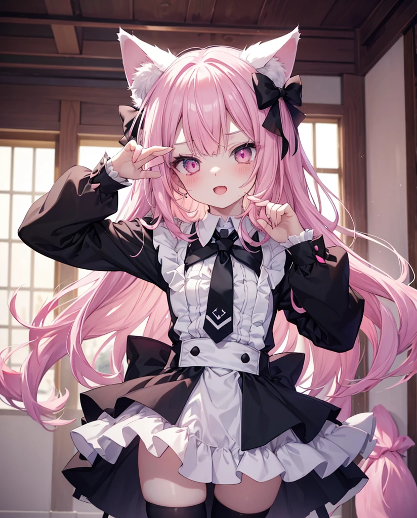 masutepiece, Highest Quality, (Perfect face:1.1), (high detailing:1.1), (ultradetailed eyes), Dramatic, superfine illustration, Extremely detailed,1girl in, teenager,(pale skin), Happy, Laugh, Enjoy,Open mouth,gloweyes,pinkhair,straight hair,Ethereal eyes, pink eye,blush, Solo,Pouty lips,Cinematic lighting, upper body,looking up, leaning forward,Long sleeve, Gothic lolita, frilld, bow ribbon,knee high socks,indoor, small neko ears,big white and pink fox tail, standing on one feet doing a cat pose (simulating cat pow), loose clothes, loose necktie, laying on the ground