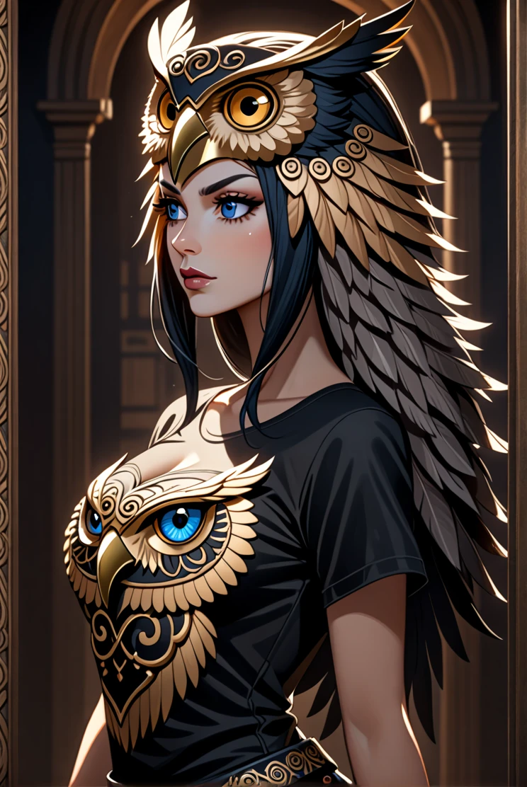 3/4 view, Woman Madara Naruto + Arlequina sexy big ass wearing an (owl headdress), looking away, [Surrealism | Pop Surrealism | Lowbrow Art], [Photography | Digital Painting], in the style of [Brian Viveros | Mark Ryden | Audrey Kawasaki], [rich colors | intricate details], inspired by [Film Noir | Gothic Fashion] t shirt gold black  sexy decote melancholic woman with intense blue eyes, wearing a detailed and realistic owl headdress, dramatic shadows, intricate feather textures, high contrast, mysterious atmosphere, fine detailing, soft focus, 8k, trending on ArtStation. by Satori Canton🧸