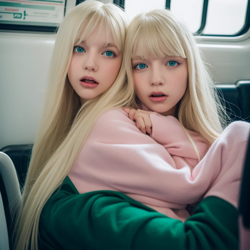 Pale blonde teen girl bangs long soft silky hair, blue-green eyes, taking a photo alone on the new york subway with a white sweatshirt and pink pants, looking at the camera showing his tongue 