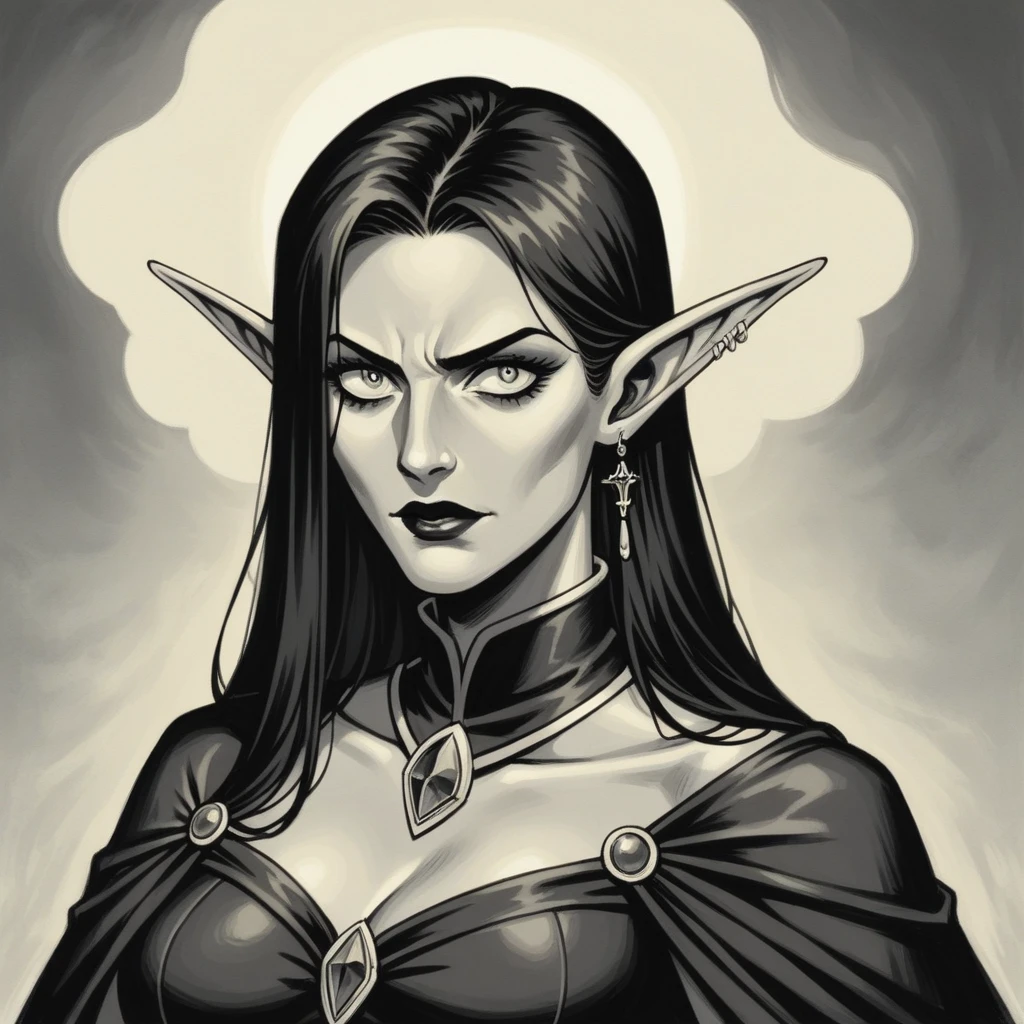 1970s retro fantasy, vintage magic realism, dark gothic fantasy, ethereal beauty with enchanting faces, epic battle scene: fierce orcs clashing with a mesmerizingly alluring elf sorceress woman, swirling magical energies, evocative Frank Frazetta style, detailed textures, dynamic composition, rich with lore and mystique, dramatic lighting casting eerie shadows.