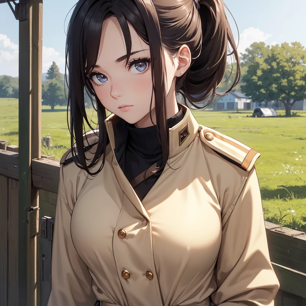 (8K, Best Quality, Masterpiece, Ultra High Resolution) 1Woman, Beautiful Eyes, Face Details, Dark Hair, Hair Ponytail, Hazel Eyes, Pale Skin, Tan Colored Military Uniform, Tan Jacket, White Fitted Shirt, Outside, Military Camp, Countryside, Best Quality, Upper Body, Looking at the Viewer, Facing Viewer, Close Up