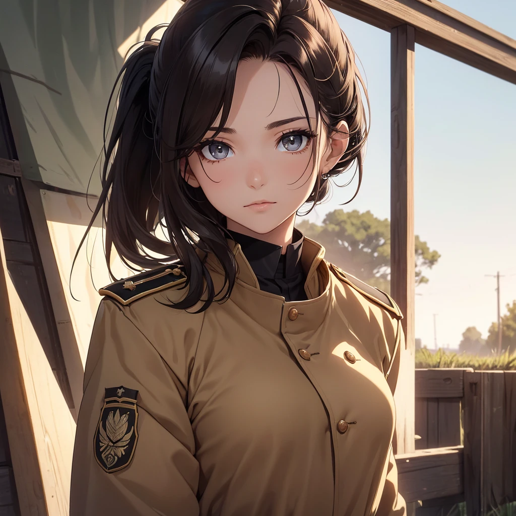 (8K, Best Quality, Masterpiece, Ultra High Resolution) 1Woman, Beautiful Eyes, Face Details, Dark Hair, Hair Ponytail, Hazel Eyes, Pale Skin, Tan Colored Military Uniform, Tan Jacket, White Fitted Shirt, Outside, Military Camp, Countryside, Best Quality, Upper Body, Looking at the Viewer, Facing Viewer, Close Up