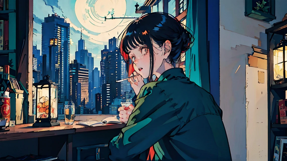 beautiful Asian girl with red hair sitting in her room at night,Looking at a window, face perfect, oculos de sol, smoking a custom-made white cigarette, NeonBlack, (back-illuminated: 1.1), hard shadow, work of art, best qualityer, intricate, model shoot style, vintage, Film grain, Incomplete unit details,citypop,cassettetape,register