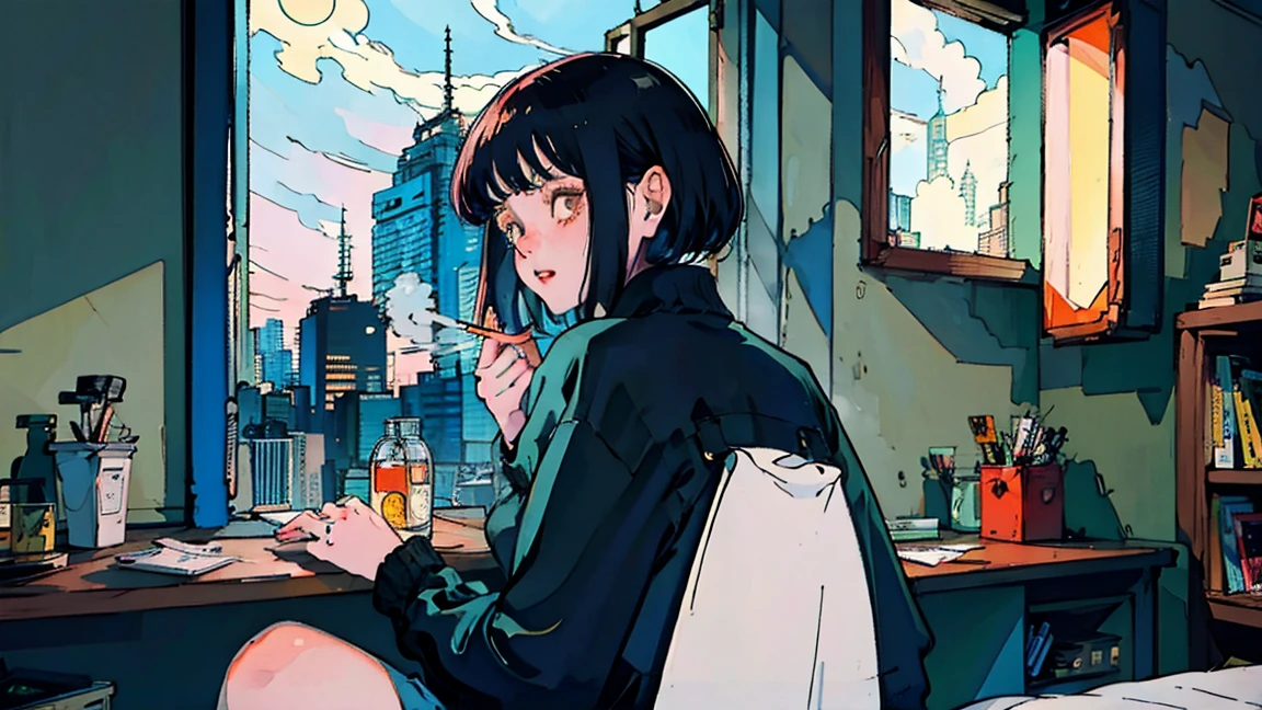 beautiful Asian girl with red hair sitting in her room at night,Looking at a window, face perfect, oculos de sol, smoking a custom-made white cigarette, NeonBlack, (back-illuminated: 1.1), hard shadow, work of art, best qualityer, intricate, model shoot style, vintage, Film grain, Incomplete unit details,citypop,cassettetape,register