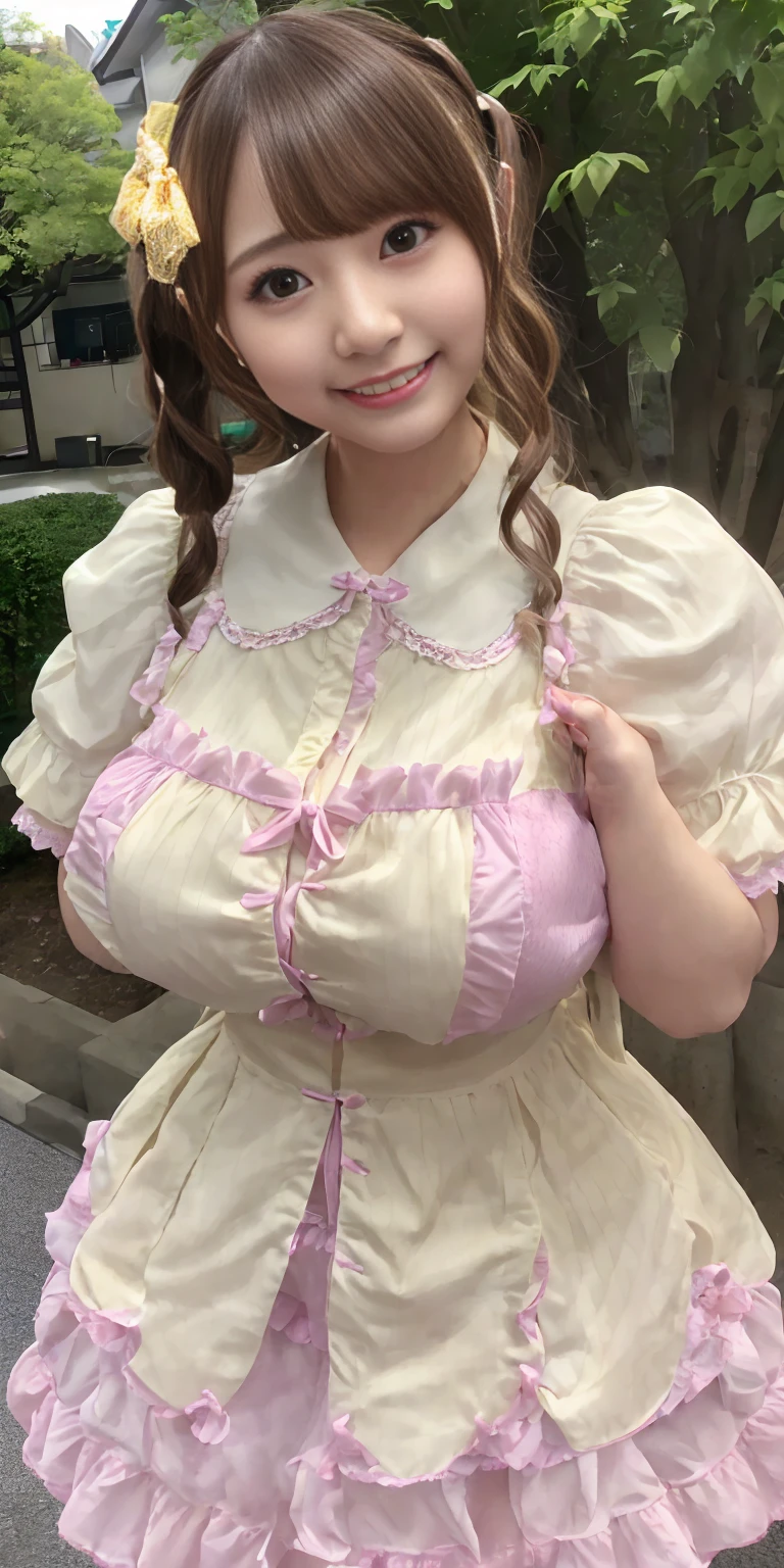 (Realistic:1.3), finely, quality, Rembrandt Lighting, (Tabletop:1.2), (Realistic:1.2), (最高quality), (Fine skin:1.3), (Complex詳細), dramatic, Ray Tracing, 1 Girl, Japanese Girls, 32 years old、Big eyes、((Deep double eyelids:1.25)), Cute duck lips, smile, Twin tail hair, Twin Loop Hair, Parted bangs, 42 years old, Very large and ample breasts, jirai fashion, Yellow-themed Gothic ta fashion、Short dress, Frills, Race, ribbon, Complex, (Tokyo Street, Harajuku, injuly, sunny day), Browsing Caution, (height: 148cm), ((((Very accurate and correct anatomy)))), Raw quality