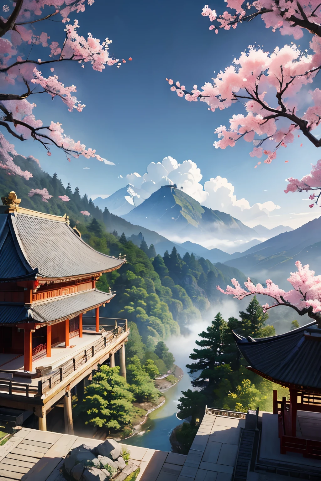 Chinese martial arts style, with vast sky, in the forest, mountain side, cliffs, ink wash style, outline light, atmospheric atmosphere, depth of field, mist rising, bamboo, pine trees, cherry blossoms, spring, stone pavilions, Chinese temples, waterfalls, ink