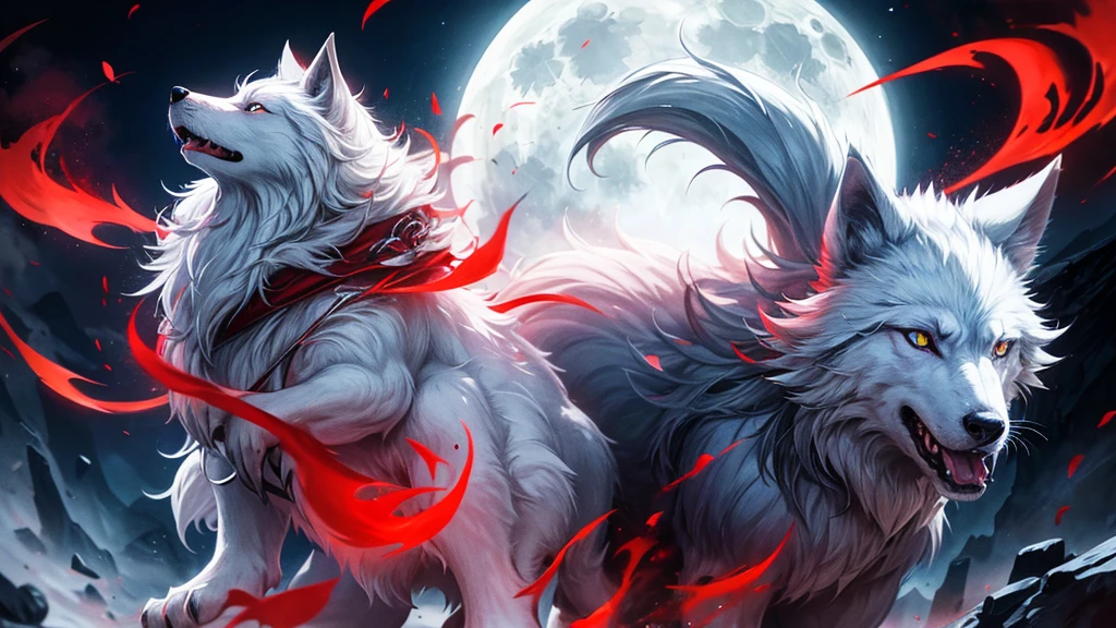 there is only a white wolf barking to the red, big moon,his eyes are red, his mouth opened wide