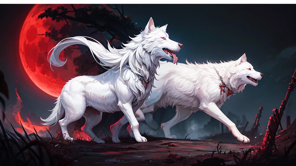 there is only a white wolf barking to the red, big moon,his eyes are red, his mouth opened wide