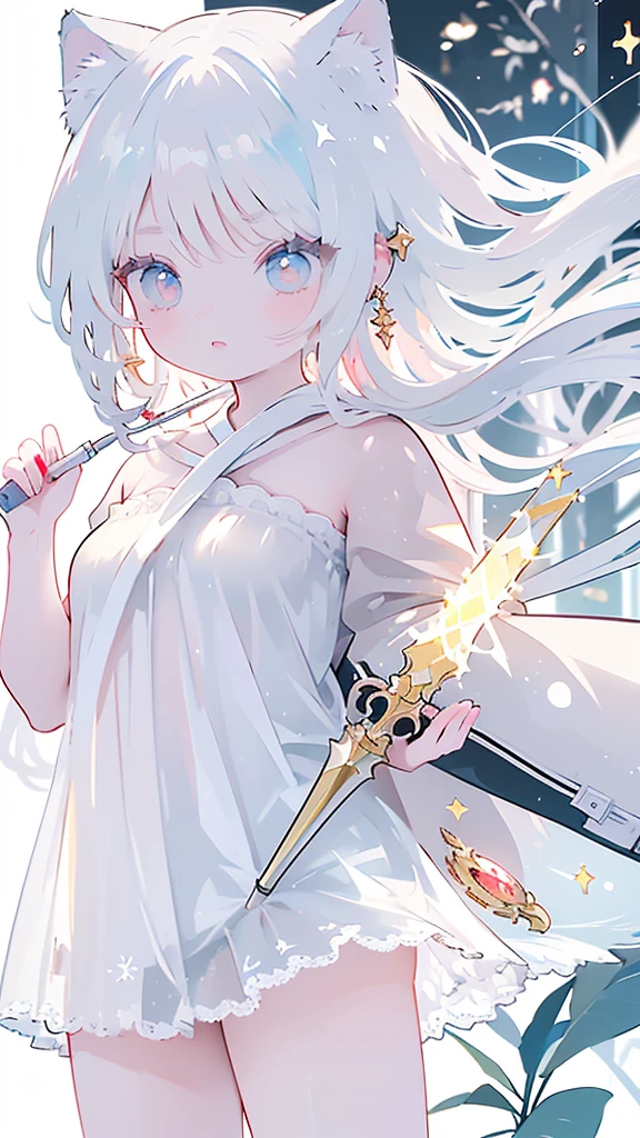 Tsundere 18 year old girl, beautiful and delicate eyes, beautiful lips, Highly detailed eyes and face, long eyelashes, 1 girl, white cat ears, long foot bag, Front view, red eyes, (top quality, 4K, 8K, high resolution, masterpiece:1.2), ultra detail, (realistic, realistic, realistic, realistic: 1.37), big bust, bayonet, elegance, fantasy, soft lighting, white background, holding a weapon, swimsuit