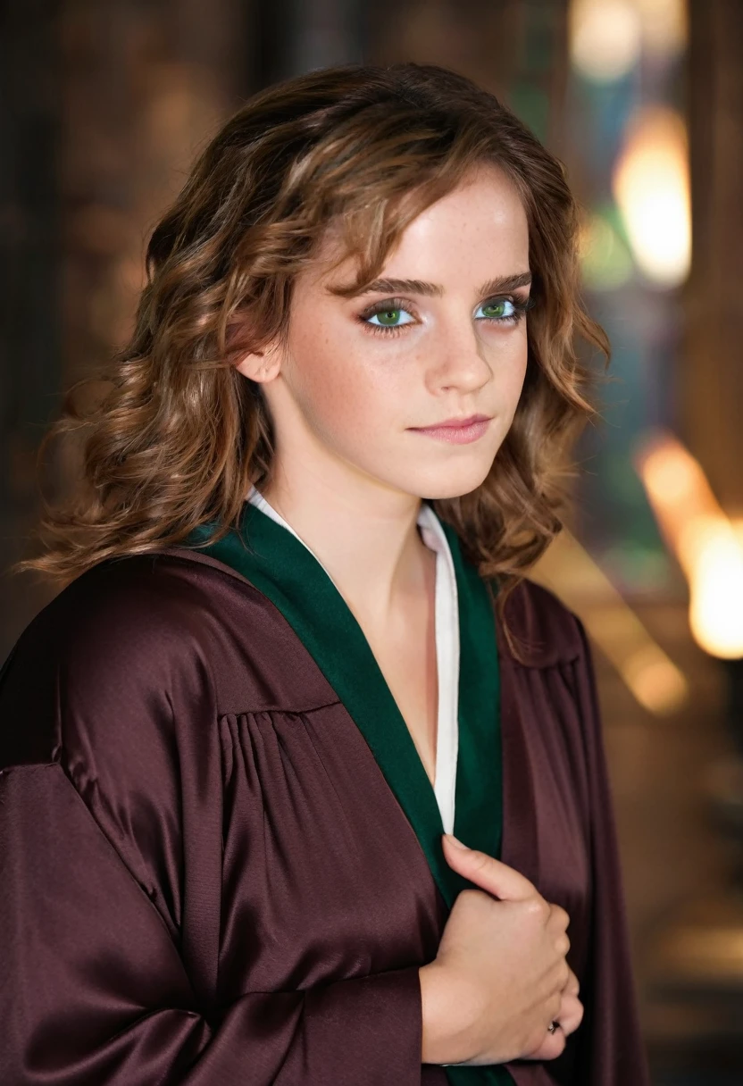 a beautiful detailed portrait of Hermione Granger, incredibly detailed facial features, beautiful emerald green eyes, flowing brown hair, buxom figure, sensual expression, wearing a tight Hogwarts school robe, in an intimate sexual encounter, cinematic lighting, highly detailed, photorealistic, 8k, masterpiece