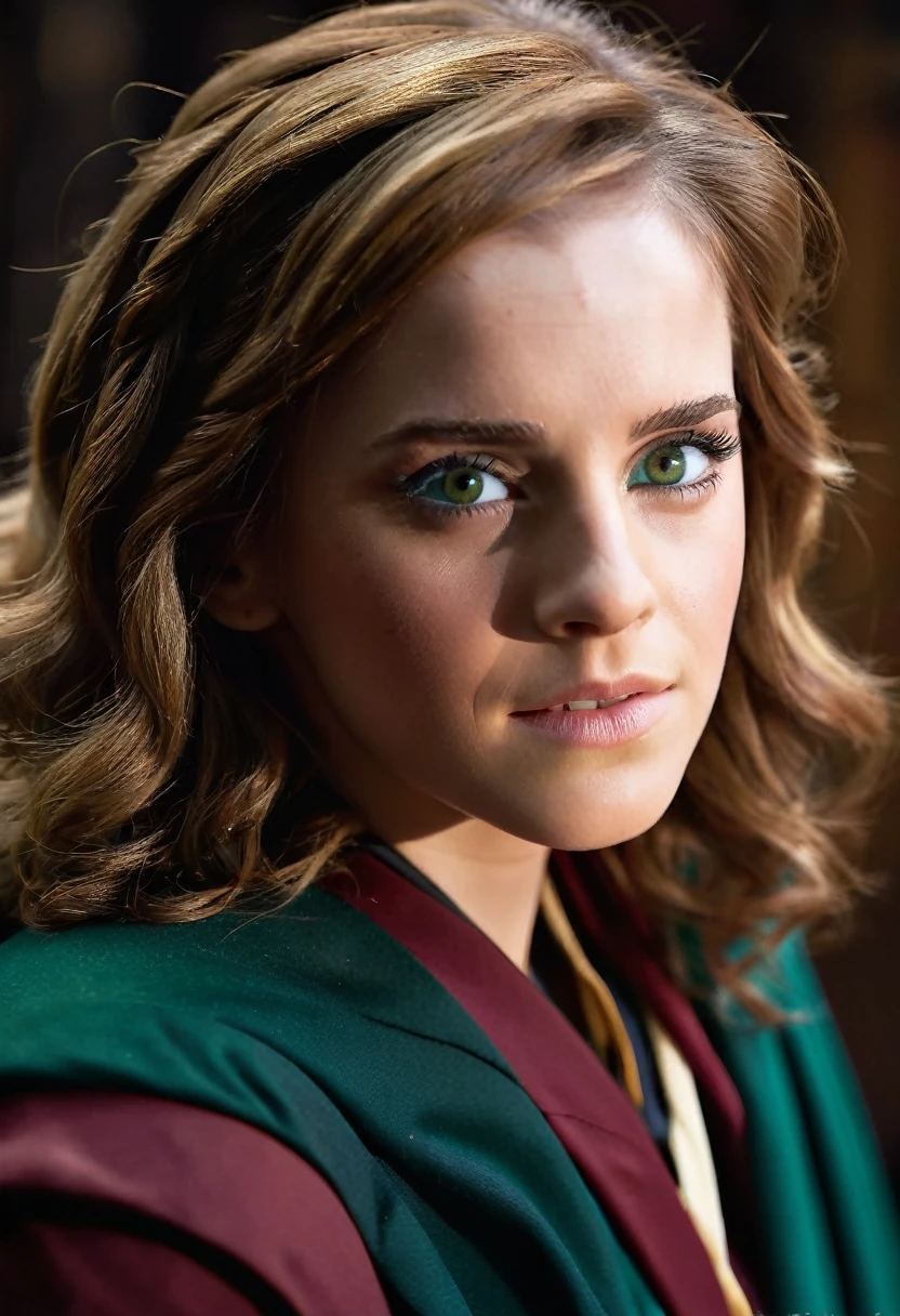 a beautiful detailed portrait of Hermione Granger, incredibly detailed facial features, beautiful emerald green eyes, flowing brown hair, buxom figure, sensual expression, wearing a tight Hogwarts school robe, in an intimate sexual encounter, cinematic lighting, highly detailed, photorealistic, 8k, masterpiece