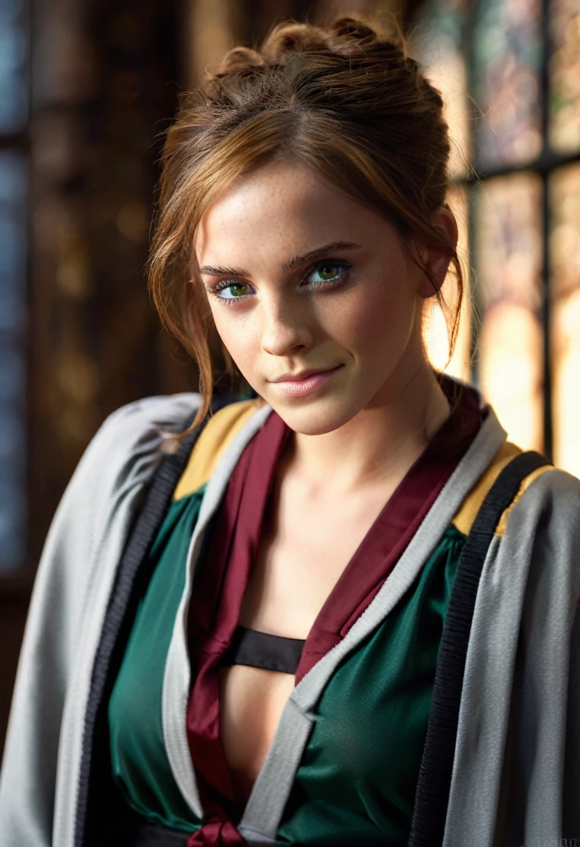 a beautiful detailed portrait of Hermione Granger, incredibly detailed facial features, beautiful emerald green eyes, flowing brown hair, buxom figure, sensual expression, wearing a tight Hogwarts school robe, in an intimate sexual encounter, cinematic lighting, highly detailed, photorealistic, 8k, masterpiece